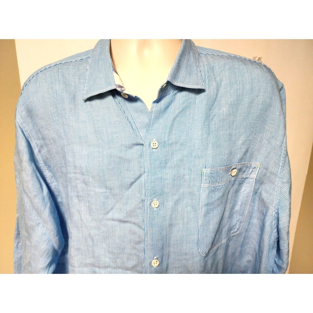 Tommy Bahama Mens Blue White Striped Shirt with Floral Trim Size  XL  53% Linen